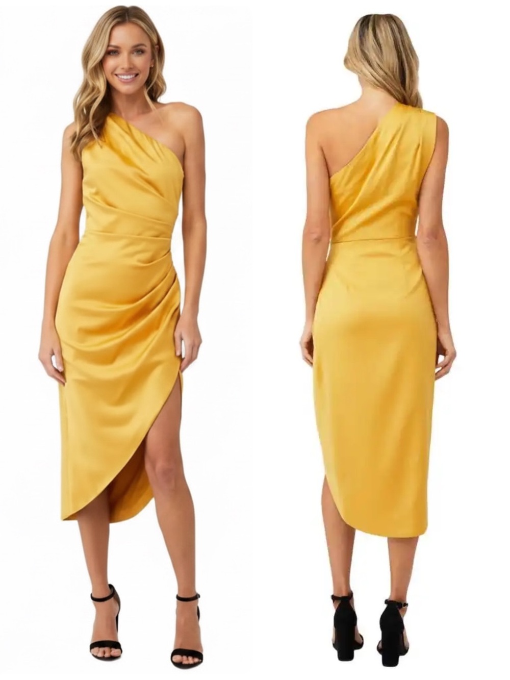 Elliatt Cassini Mustard Yellow One-Shoulder Draped Satin Lined Midi Dress $189 - Picture 2 of 9